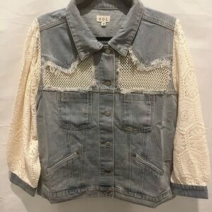 New POL Jean Jacket with Cream Lace ballon sleeves.